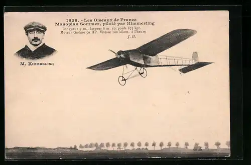 AK Les Oiseaux de France, Monoplan Sommer, piloté par Kimmerling, Flugzeug