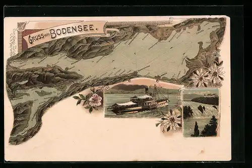 Lithographie Karte vom Bodensee, Dampfer, Rheinfall