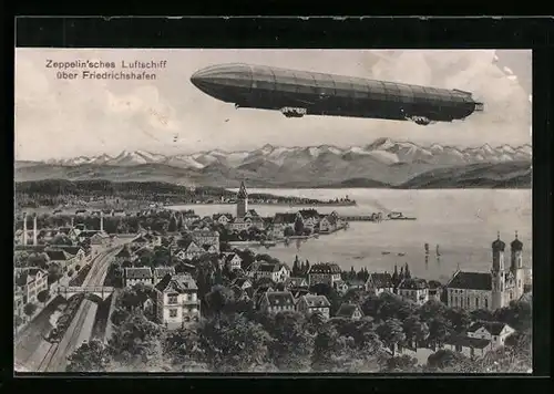 Künstler-AK Eugen Felle: Friedrichshafen, Zeppelin über der Stadt
