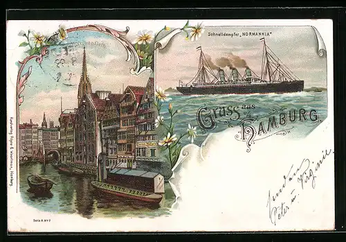 Lithographie Alt-Hamburg, Passagierschiff Normannia, Catharinenfleth