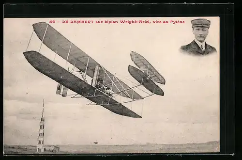 AK De Lambert sur biplan Wright-Ariel, vire au Pylone, Flugzeug