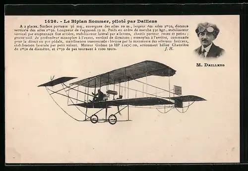 AK Le Biplan Sommer piloté par M. Daillens, Flugzeug & Pilot