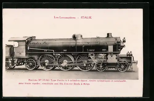 AK Les Locomotives Italie, Lokomotive Type Pacific 69.001 von Ernesto Breda Mailand