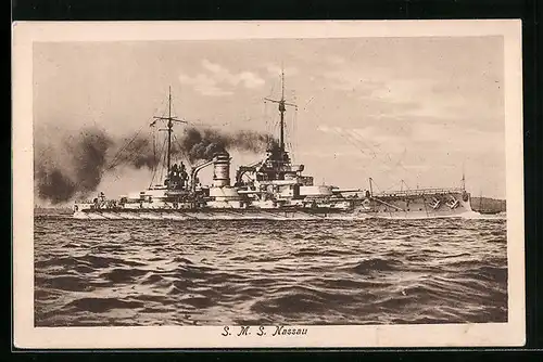 AK Kriegsschiff SMS Nassau auf Fahrt