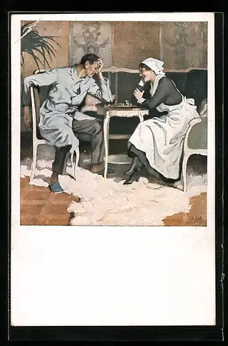 Künstler-AK Brynolf Wennerberg: Krankenschwester spielt mit einem Patienten Schach