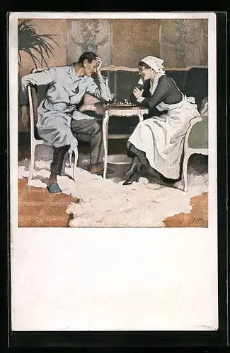 Künstler-AK Brynolf Wennerberg: Krankenschwester mit Verwundeten beim Schachspiel