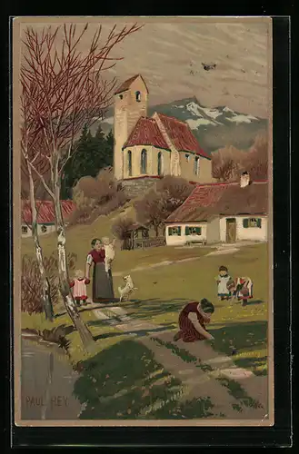 Künstler-Lithographie Paul Hey: Kinder pflücken Blumen auf dem Anger