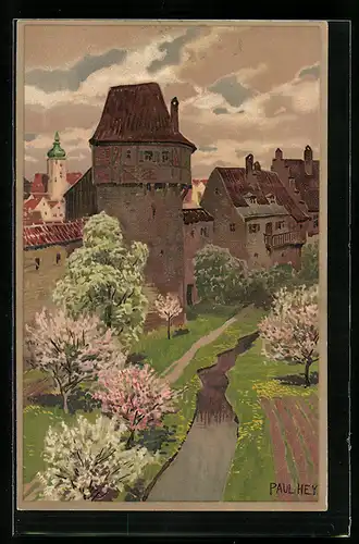 Künstler-Lithographie P. Hey: Blick auf die Mauer einer Ortschaft