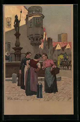 Künstler-Lithographie Paul Hey: Frauen unterhalten sich am Marktbrunnen