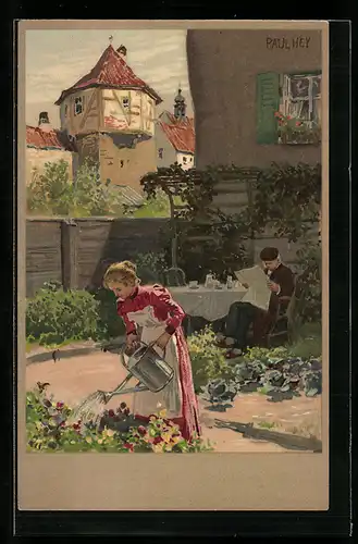 Künstler-Lithographie Paul Hey: Gartenszene an einem Sommertag