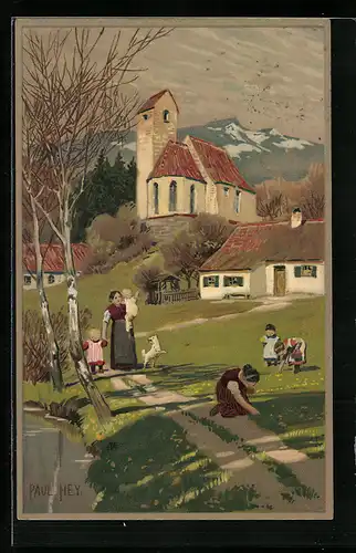 Künstler-Lithographie Paul Hey: Kinder pflücken Blumen auf dem Anger