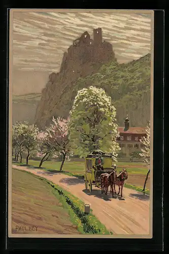 Künstler-Lithographie Paul Hey: Kutsche fährt durch eine Frühlingslandschaft