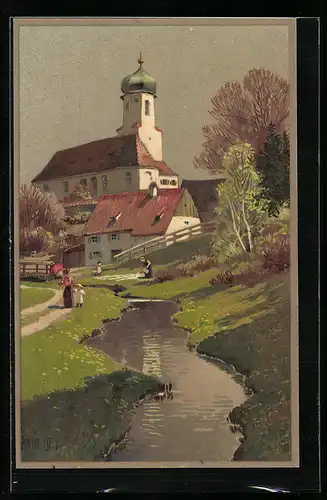 Künstler-AK Paul Hey: Flusspartie mit Kirche und Wäschebleichen am Ufer