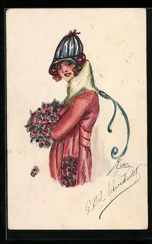 Künstler-AK Erna Maison-Kurt: Junge Dame in rotem Mantel mit Rosenstrauss