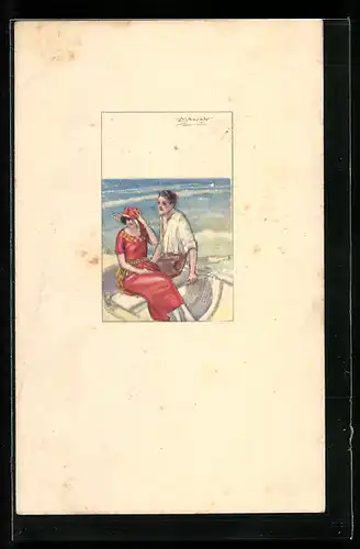 Künstler-AK Mauzan: Junges Paar im Boot am Strand
