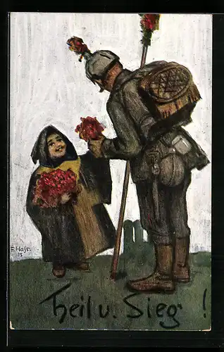 Künstler-AK Fritz Hass: Münchner Kindl übergibt Soldat Blumen