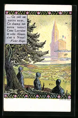 Künstler-AK Hansi: Französische Soldaten sehen eine riesige Kathedrale am Firmament