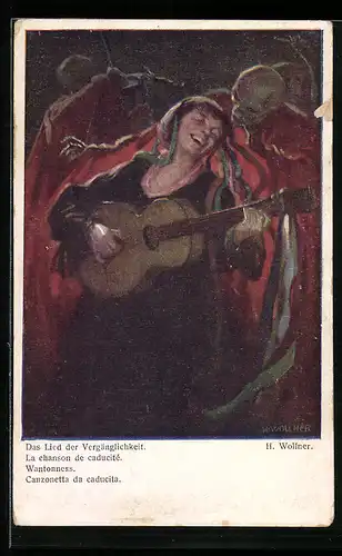 Künstler-AK sign. H. Wollner: Das Lied der Vergänglichkeit, Der Tod und Frau mit Gitarre