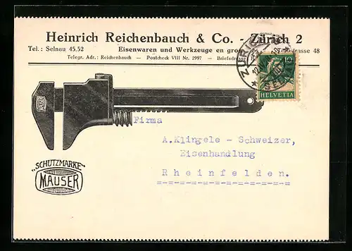 AK Zürich, Reklame Heinrich Reichenbach & Co., Eisenwaren und Werkzeuge en gros, Tödistrasse 48
