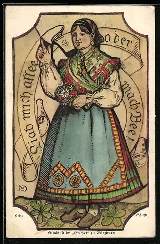 Künstler-AK Heinz Schiestl: Glasbild in der ältesten Weinstube Würzburgs Zum Stachel - Frau in Tracht