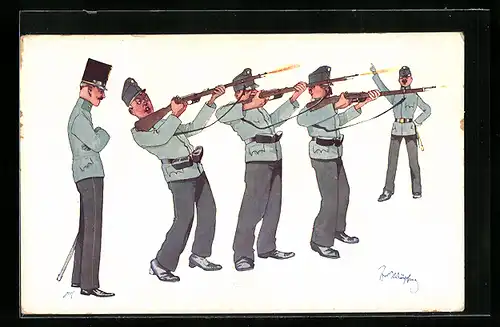 Künstler-AK Fritz Schönpflug: Offizier und Soldaten mit Gewehren