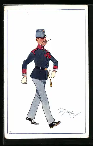 Künstler-AK Fritz Schönpflug: Soldat marschiert stolz in seiner Uniform