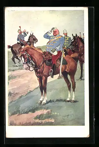 Künstler-AK Fritz Schönpflug: Offizier zu Pferd wischt sich den Schweiss ab
