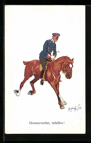 Künstler-AK Fritz Schönpflug: Soldat auf einem Pferd, Karikatur