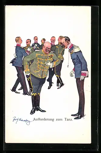 Künstler-AK Fritz Schönpflug: Aufforderung zum Tanz Soldaten beim Tanz