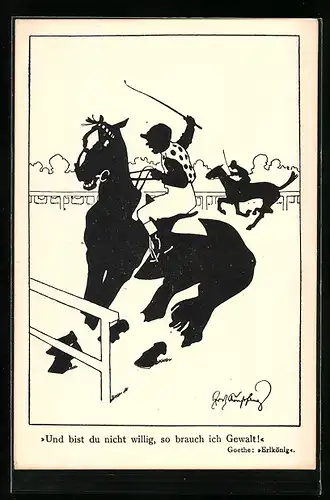 Künstler-AK Fritz Schönpflug: Schattenbild, Reiter auf seinem Pferd, einpeitschen