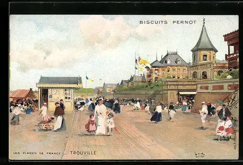 Lithographie Trouville, La Plage, Biscuit Pernot