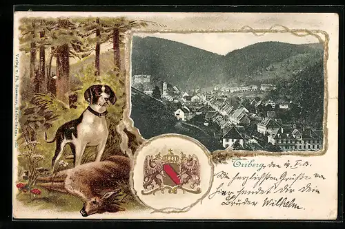 Passepartout-Lithographie Triberg, Ortsansicht aus der Vogelschau, Wappen