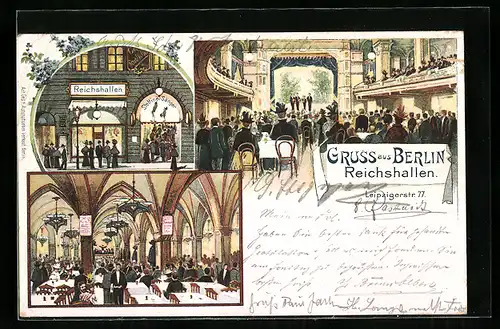 Lithographie Berlin, Gasthaus Reichshallen, Leipzigerstrasse 77, Innenansichten