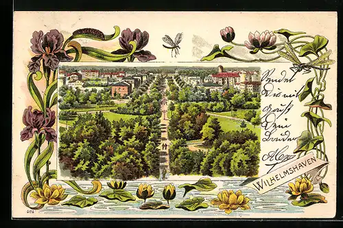 Passepartout-Lithographie Wilhelmshaven, Ortsansicht aus der Vogelschau