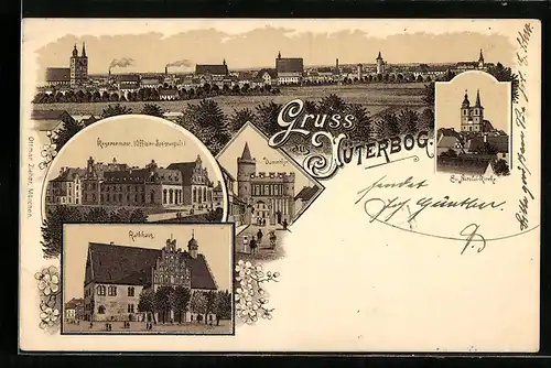 Lithographie Jüterbog, Dammthor, Rathaus, Kasernement (Offizier-Speiseanstalt)