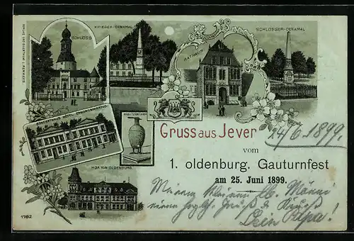 Lithographie Jever, Krieger-Denkmal, Schlosser-Denkmal, Kibitzbecher, Hof von Oldenburg