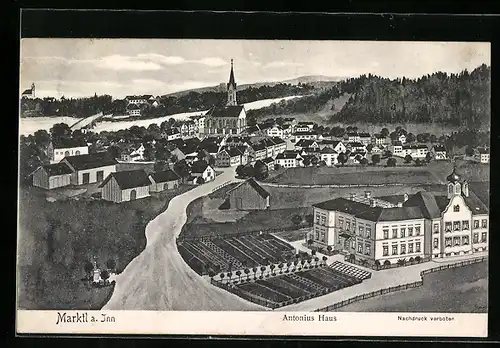 Künstler-AK sign. Hans Pernat: Marktl a. Inn, Ortsansicht mit Antonius-Haus