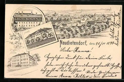 Lithographie Neudietendorf, Schwesternhaus, Anstalt, Kirche