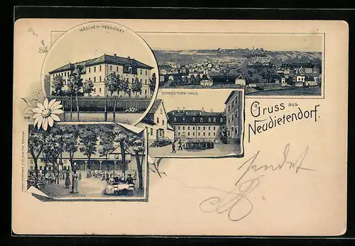 Lithographie Neudietendorf, Gasthofs-Garten, Mädchen-Pensionat, Schwestern-Haus
