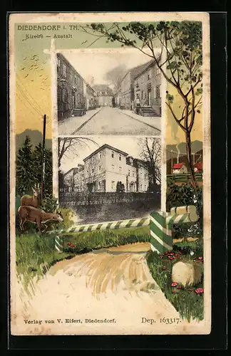Passepartout-Lithographie Diedendorf i. Th., Kirche und Anstalt