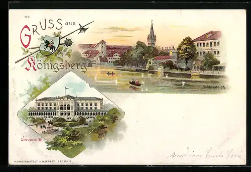 Lithographie Königsberg, Denkmal an der Universität und Totalansicht mit Ruderbooten auf dem Schlossteich
