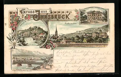 Lithographie Innsbruck, Sillfall beim Berg Isel, Histor. Museum, Innbrücke