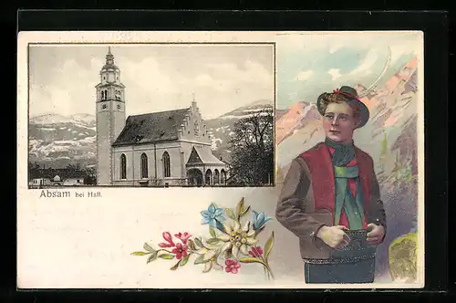 Passepartout-Lithographie Absam, Blick zur Kirche, Bursche in Tracht