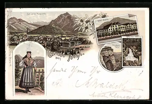 Lithographie Bad Ischl, Hotel Austria, Ortsansicht mit Kaiservilla