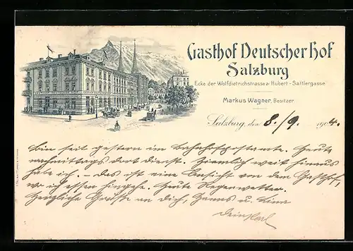 Lithographie Salzburg, Gasthof Deutscherhof, Wolfdietrichstrasse & Hubert-Sattlergasse