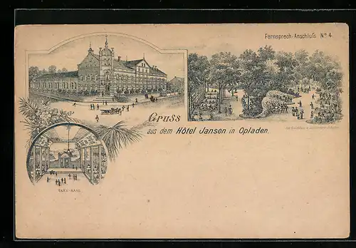 Lithographie Opladen, Hotel Jansen, Garten, Tanz-Saal