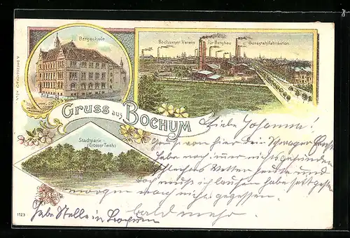 Lithographie Bochum, Bochumer Verein für Bergbau und Gusstahlfabrikation, Bergschule, Grosser Teich im Stadtpark