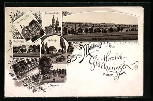 Lithographie Mühlhausen, Pension Peterhof, Weisses Haus, Breitsülze, Neujahrsgruss