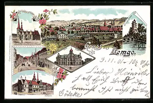 Lithographie Lemgo, Kaiserl. Postamt, Rathaus, Breitestrasse, Totalansicht