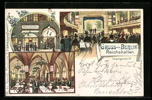 Lithographie Berlin, Gasthaus Reichshallen, Leipzigerstrasse 77, Innenansichten